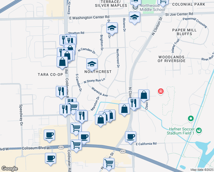 map of restaurants, bars, coffee shops, grocery stores, and more near 5143 Northcrest Drive in Fort Wayne