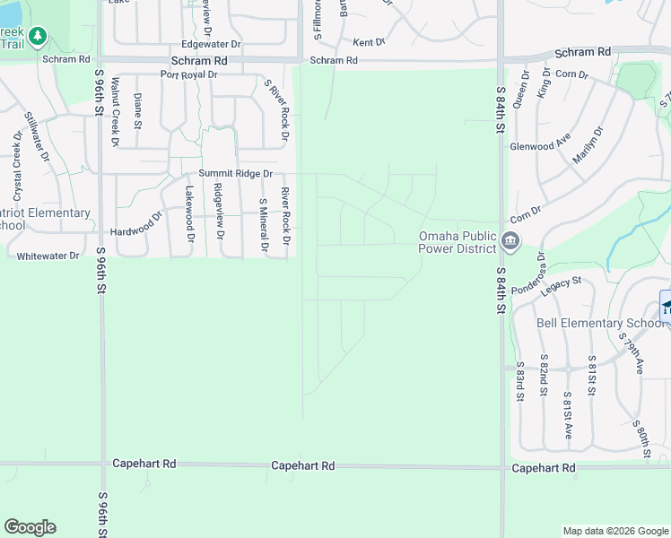 map of restaurants, bars, coffee shops, grocery stores, and more near 2417 River Rock Drive in Papillion
