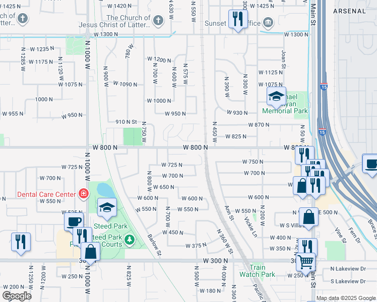 map of restaurants, bars, coffee shops, grocery stores, and more near 701 West 775 North in Clearfield