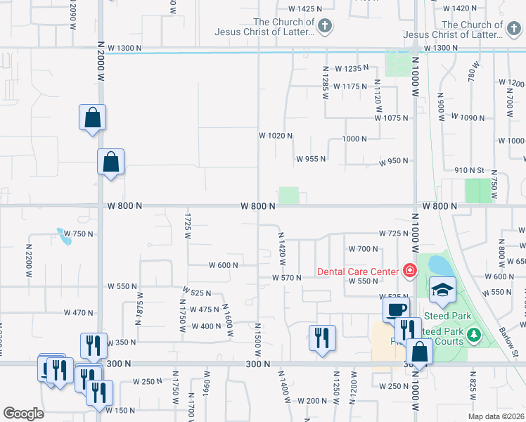 map of restaurants, bars, coffee shops, grocery stores, and more near 792 North 1500 West in Clinton