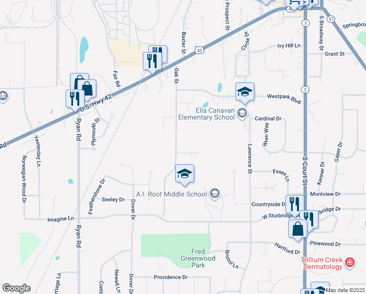 map of restaurants, bars, coffee shops, grocery stores, and more near 637 Cedar Street in Medina