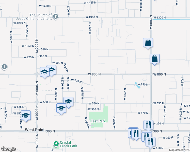 map of restaurants, bars, coffee shops, grocery stores, and more near 2485 West 800 North in West Point