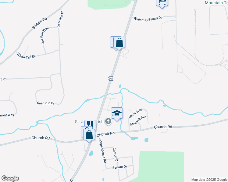 map of restaurants, bars, coffee shops, grocery stores, and more near 390 South Mountain Boulevard in Mountain Top