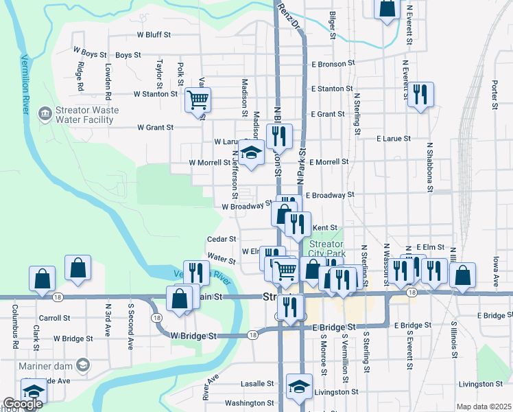 map of restaurants, bars, coffee shops, grocery stores, and more near 201 West Broadway Street in Streator