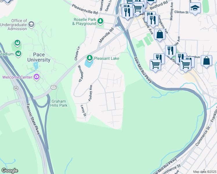 map of restaurants, bars, coffee shops, grocery stores, and more near 129 Oak Drive in Pleasantville