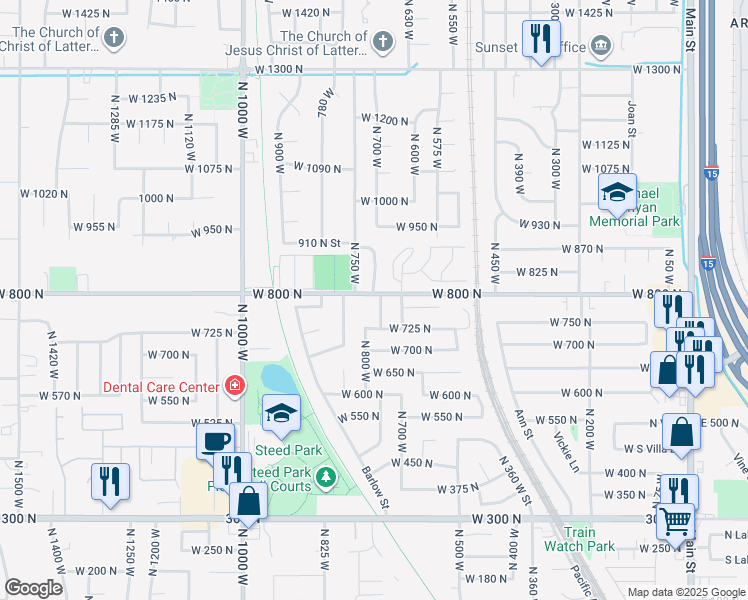map of restaurants, bars, coffee shops, grocery stores, and more near 777 West 800 North in Clearfield