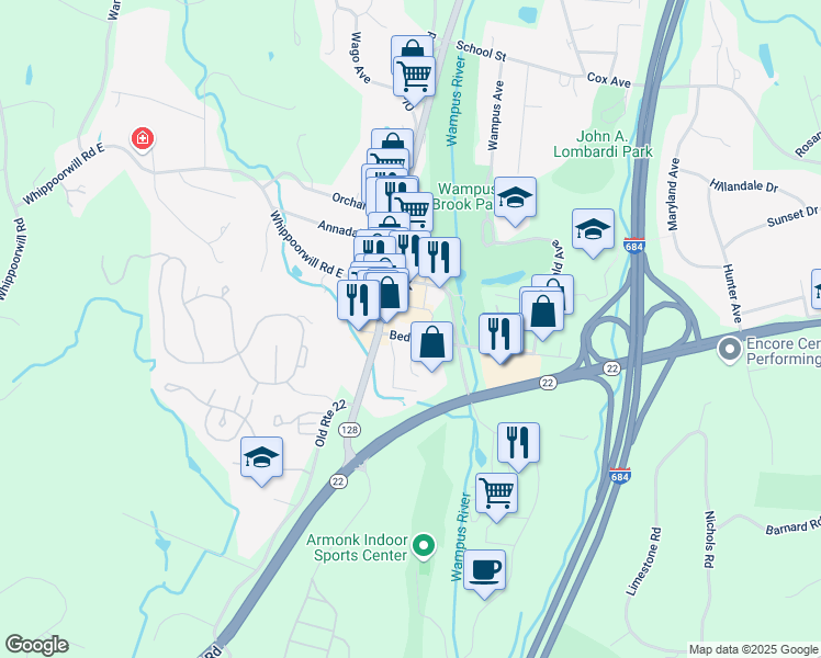 map of restaurants, bars, coffee shops, grocery stores, and more near 20 Bedford Road in Armonk