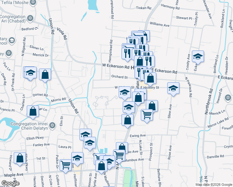 map of restaurants, bars, coffee shops, grocery stores, and more near 30 West Hickory Street in Spring Valley