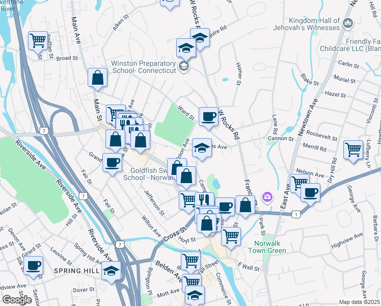map of restaurants, bars, coffee shops, grocery stores, and more near 5 Eclipse Avenue in Norwalk