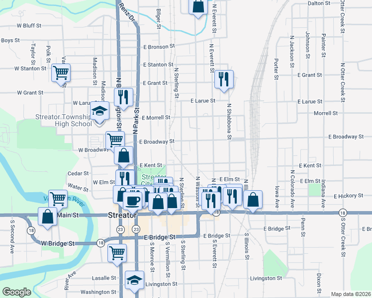 map of restaurants, bars, coffee shops, grocery stores, and more near 501 East Broadway Street in Streator