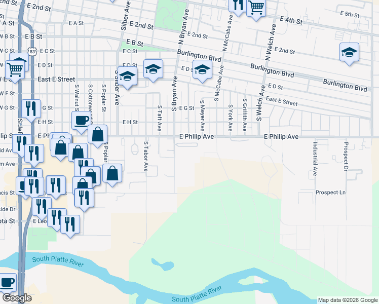 map of restaurants, bars, coffee shops, grocery stores, and more near 901 South Bryan Avenue in North Platte