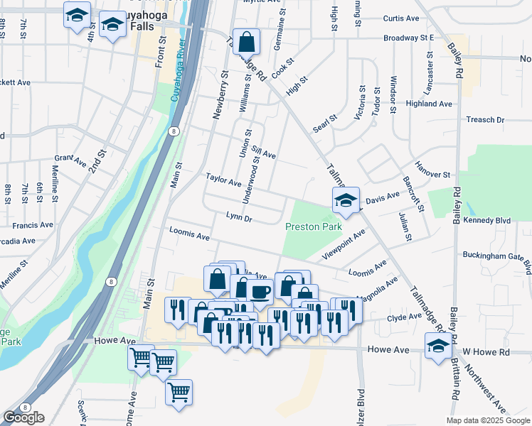 map of restaurants, bars, coffee shops, grocery stores, and more near 533 Meadow Lane in Cuyahoga Falls