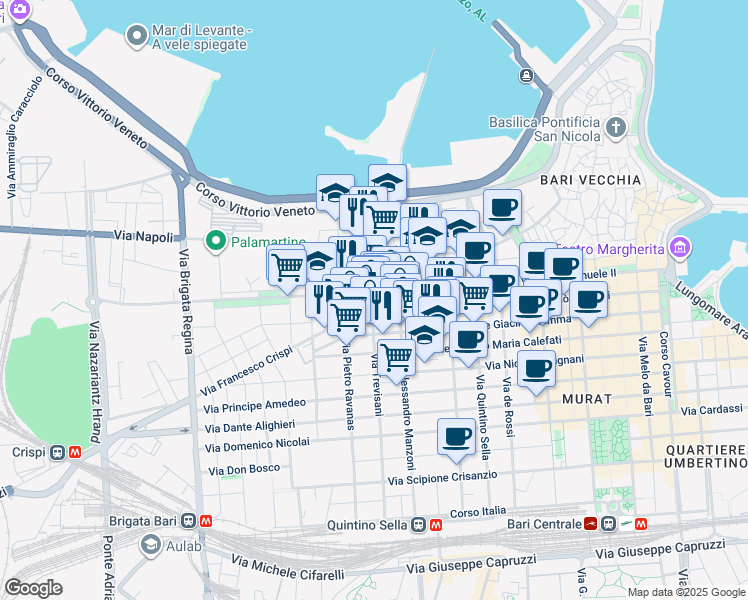 map of restaurants, bars, coffee shops, grocery stores, and more near 56 Via Trevisani in Bari
