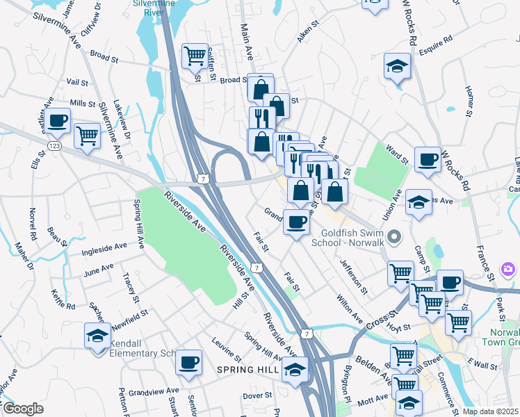 map of restaurants, bars, coffee shops, grocery stores, and more near 25 Grand Street in Norwalk