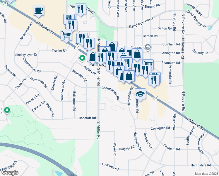 map of restaurants, bars, coffee shops, grocery stores, and more near 2611 Chamberlain Road in Fairlawn