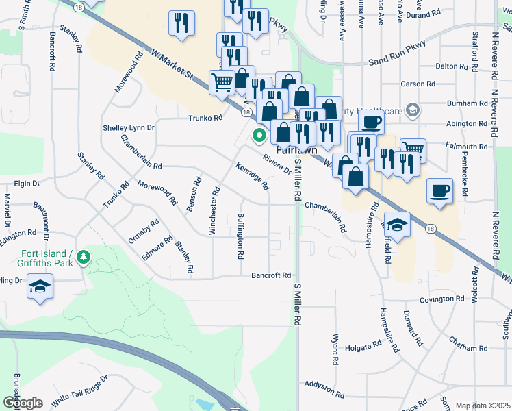 map of restaurants, bars, coffee shops, grocery stores, and more near 2829 Chamberlain Road in Fairlawn