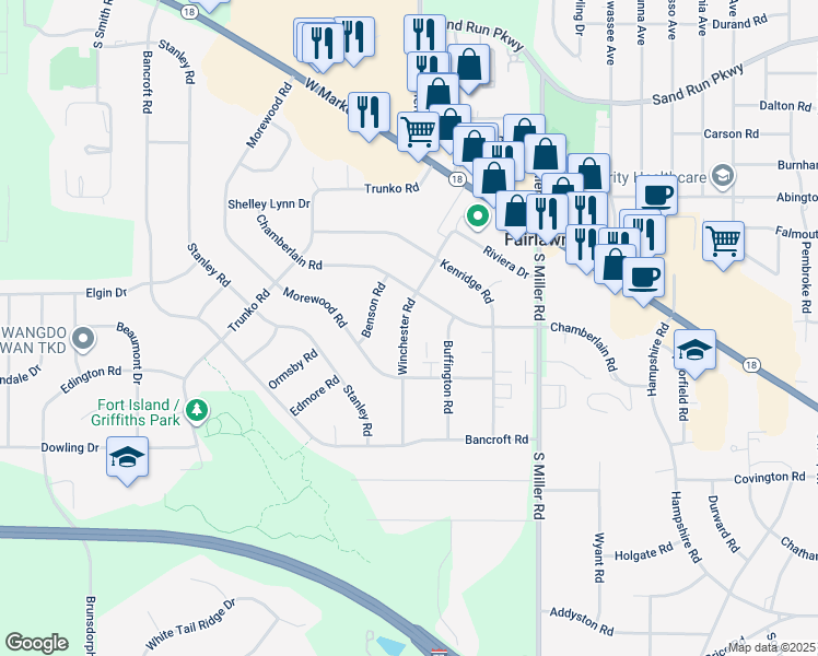 map of restaurants, bars, coffee shops, grocery stores, and more near 175 Winchester Road in Fairlawn
