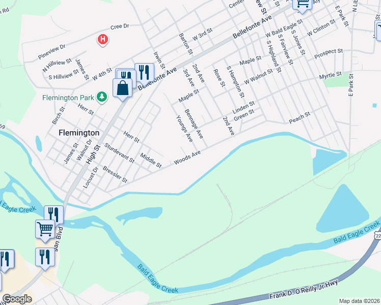 map of restaurants, bars, coffee shops, grocery stores, and more near 23 Shady Lane in Lock Haven