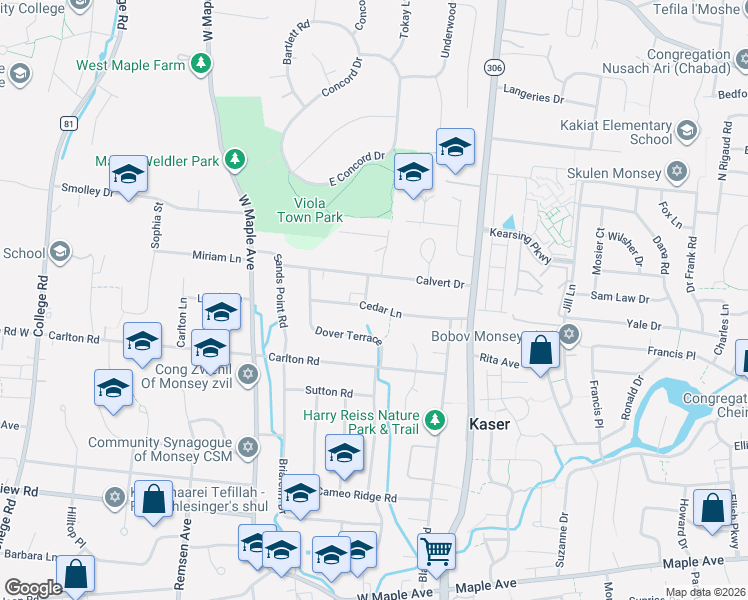 map of restaurants, bars, coffee shops, grocery stores, and more near 21 Calvert Drive in Monsey