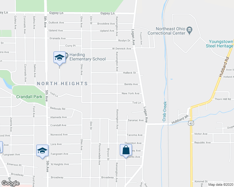 map of restaurants, bars, coffee shops, grocery stores, and more near 101 New York Avenue in Youngstown