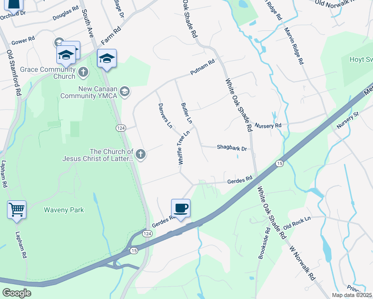 map of restaurants, bars, coffee shops, grocery stores, and more near 46 Whiffle Tree Lane in New Canaan