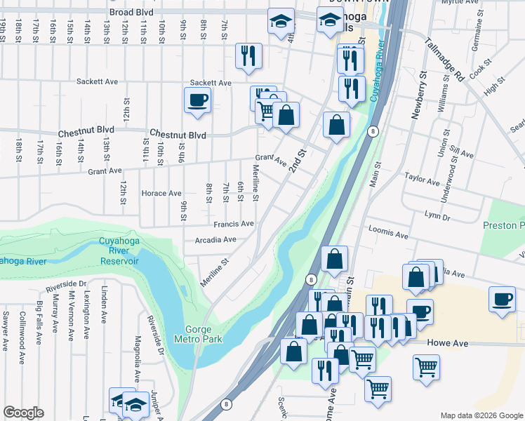 map of restaurants, bars, coffee shops, grocery stores, and more near 1522 2nd Street in Cuyahoga Falls