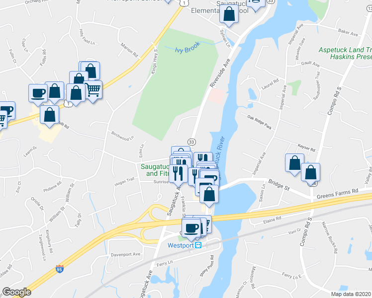 map of restaurants, bars, coffee shops, grocery stores, and more near 454 Riverside Avenue in Westport