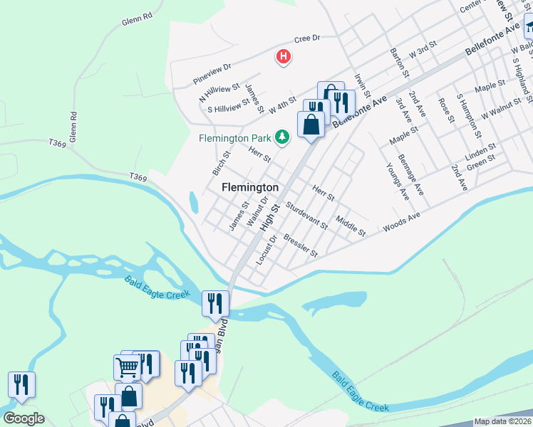 map of restaurants, bars, coffee shops, grocery stores, and more near 307 High Street in Flemington