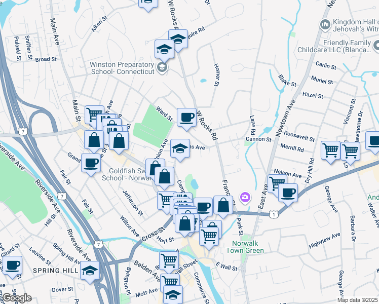 map of restaurants, bars, coffee shops, grocery stores, and more near 24 Adams Avenue in Norwalk