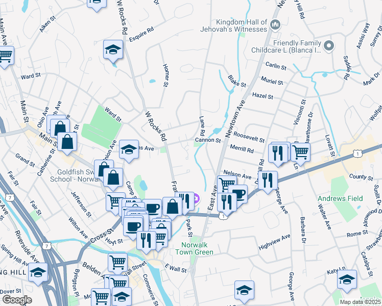 map of restaurants, bars, coffee shops, grocery stores, and more near 7 Cannon Brook Lane in Norwalk