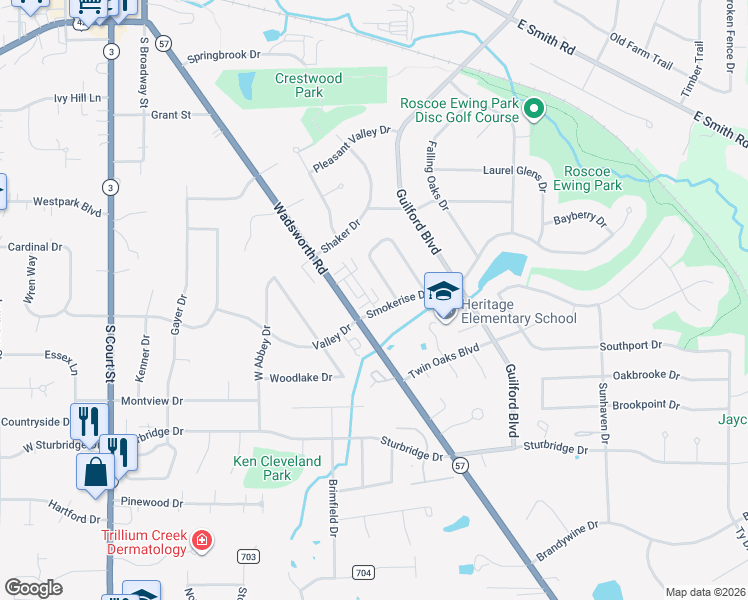 map of restaurants, bars, coffee shops, grocery stores, and more near 950 Wadsworth Road in Medina