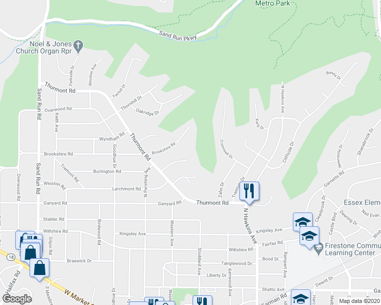 map of restaurants, bars, coffee shops, grocery stores, and more near 1811 Breezewood Drive in Akron