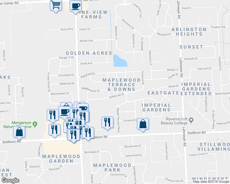 map of restaurants, bars, coffee shops, grocery stores, and more near 4915 Maple Ridge Drive in Fort Wayne