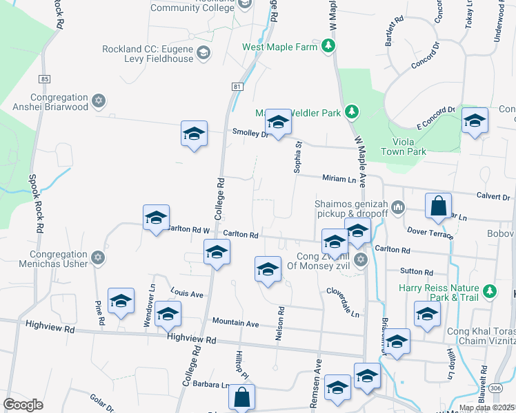 map of restaurants, bars, coffee shops, grocery stores, and more near 18 Sophia Street in Monsey