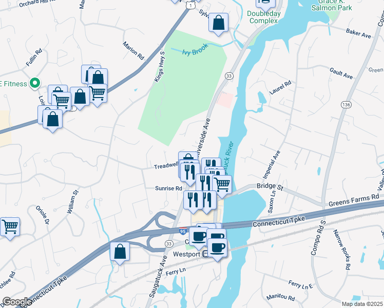 map of restaurants, bars, coffee shops, grocery stores, and more near 448 Riverside Avenue in Westport