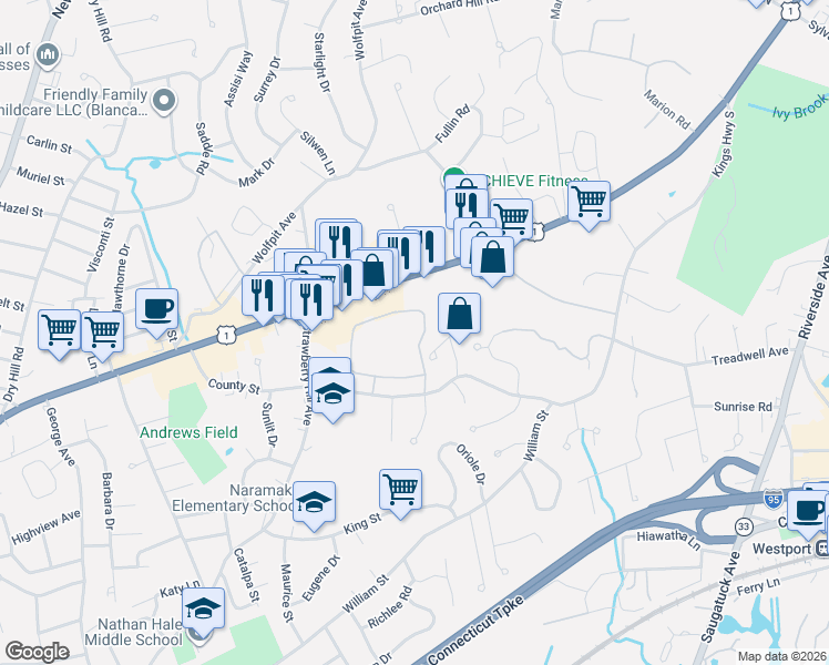 map of restaurants, bars, coffee shops, grocery stores, and more near 440 Westport Avenue in Norwalk