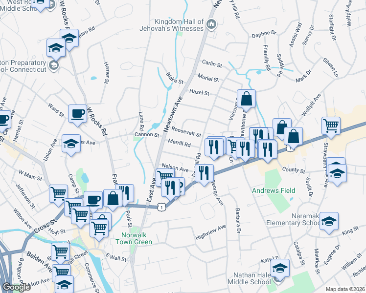 map of restaurants, bars, coffee shops, grocery stores, and more near 8 Merrill Road in Norwalk