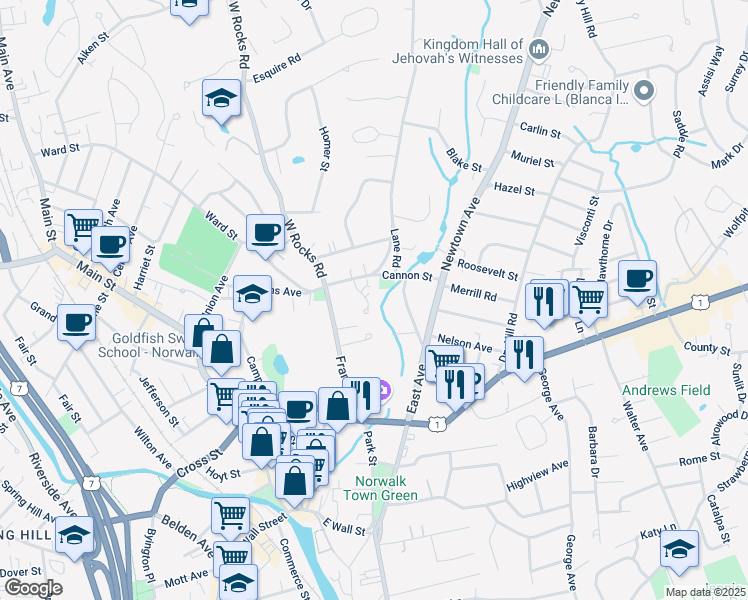 map of restaurants, bars, coffee shops, grocery stores, and more near 7 Cannon Brook Lane in Norwalk