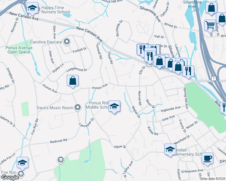 map of restaurants, bars, coffee shops, grocery stores, and more near 4 Cornwall Drive in Norwalk