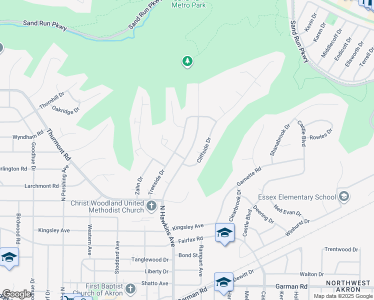 map of restaurants, bars, coffee shops, grocery stores, and more near 595 Treeside Drive in Akron