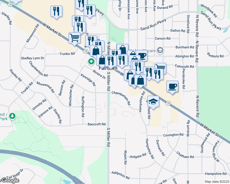 map of restaurants, bars, coffee shops, grocery stores, and more near 99 South Miller Road in Fairlawn