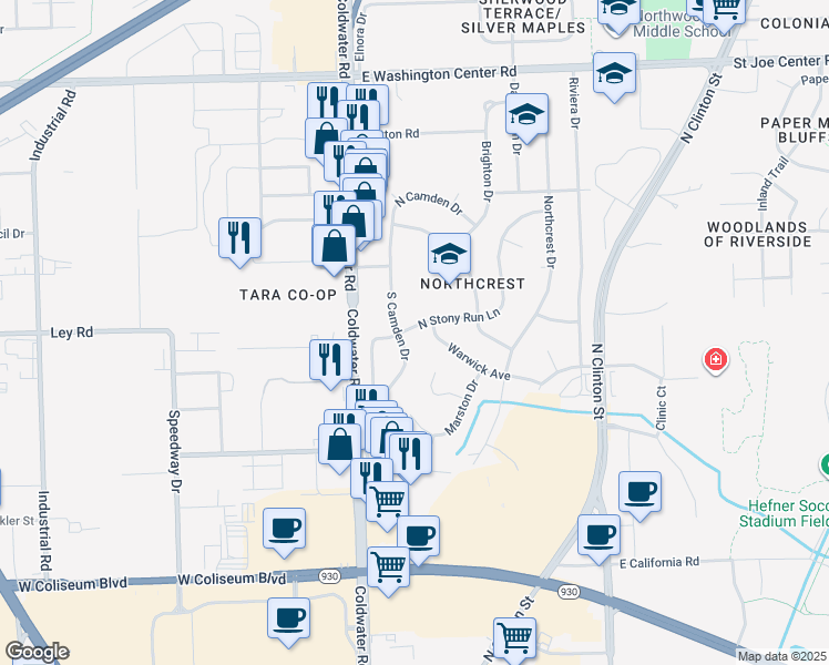map of restaurants, bars, coffee shops, grocery stores, and more near 5111 South Camden Drive in Fort Wayne