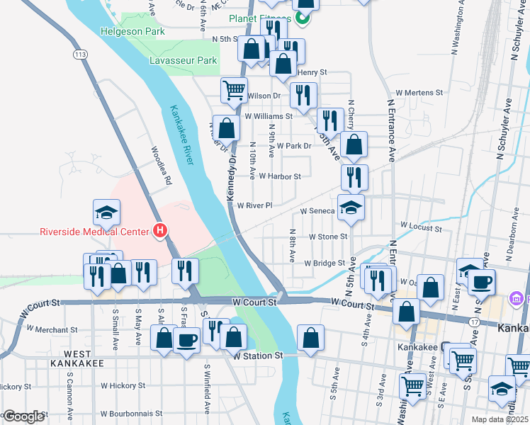 map of restaurants, bars, coffee shops, grocery stores, and more near 828 West River Place in Kankakee