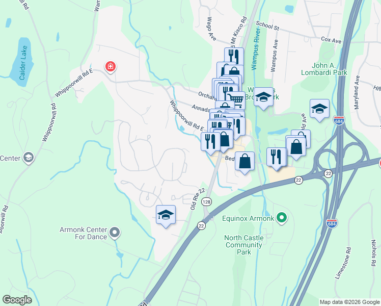 map of restaurants, bars, coffee shops, grocery stores, and more near 14 Agnew Farm Road in Armonk