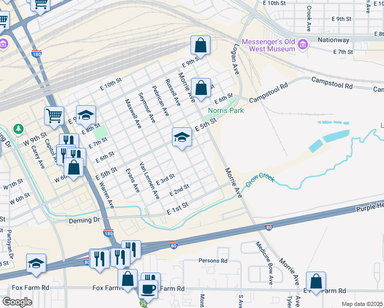 map of restaurants, bars, coffee shops, grocery stores, and more near 807 East 4th Street in Cheyenne