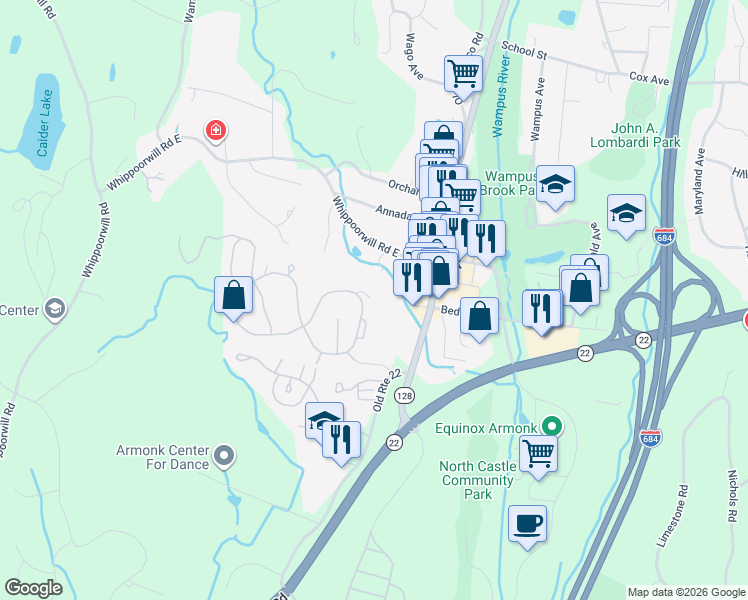 map of restaurants, bars, coffee shops, grocery stores, and more near 14 Agnew Farm Road in Armonk