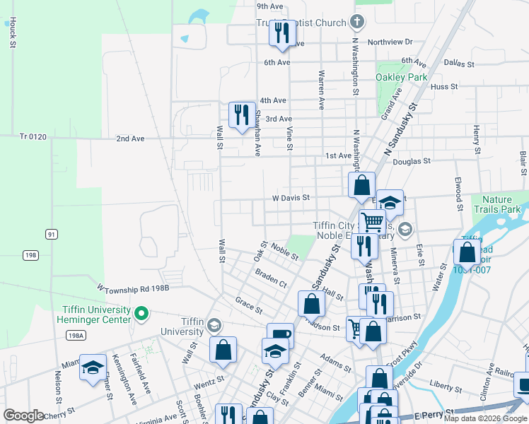 map of restaurants, bars, coffee shops, grocery stores, and more near 180 Oak Street in Tiffin