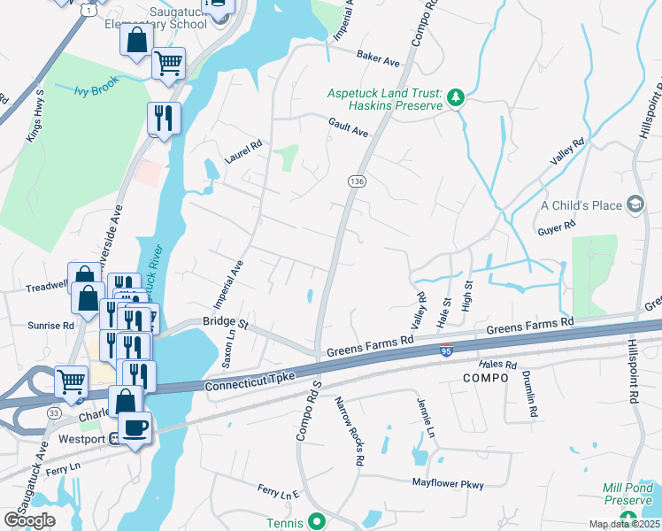 map of restaurants, bars, coffee shops, grocery stores, and more near 168 Compo Road South in Westport