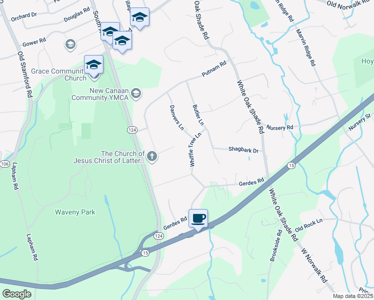 map of restaurants, bars, coffee shops, grocery stores, and more near 46 Whiffle Tree Lane in New Canaan