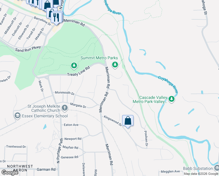 map of restaurants, bars, coffee shops, grocery stores, and more near 1260 Merriman Road in Akron